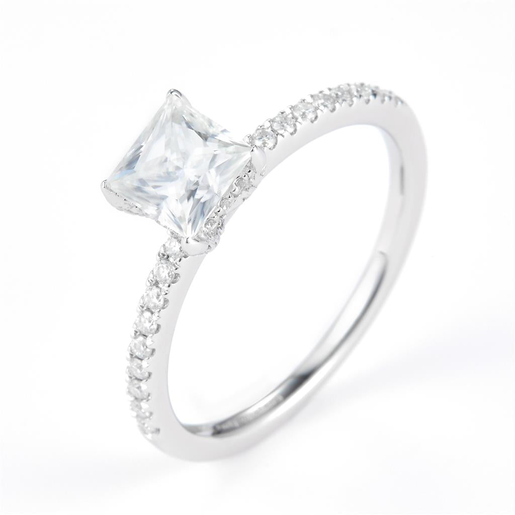 0.834 Ct. Moissanite Sterling Silver (White). Solitaire Princess Cut Engagement Ring. (Women). Size 8