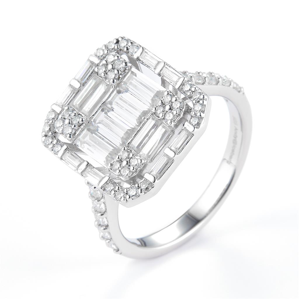 3.348 Ct. Moissanite Sterling Silver (White). with Baguettes Ring. (Women). Size 7.5