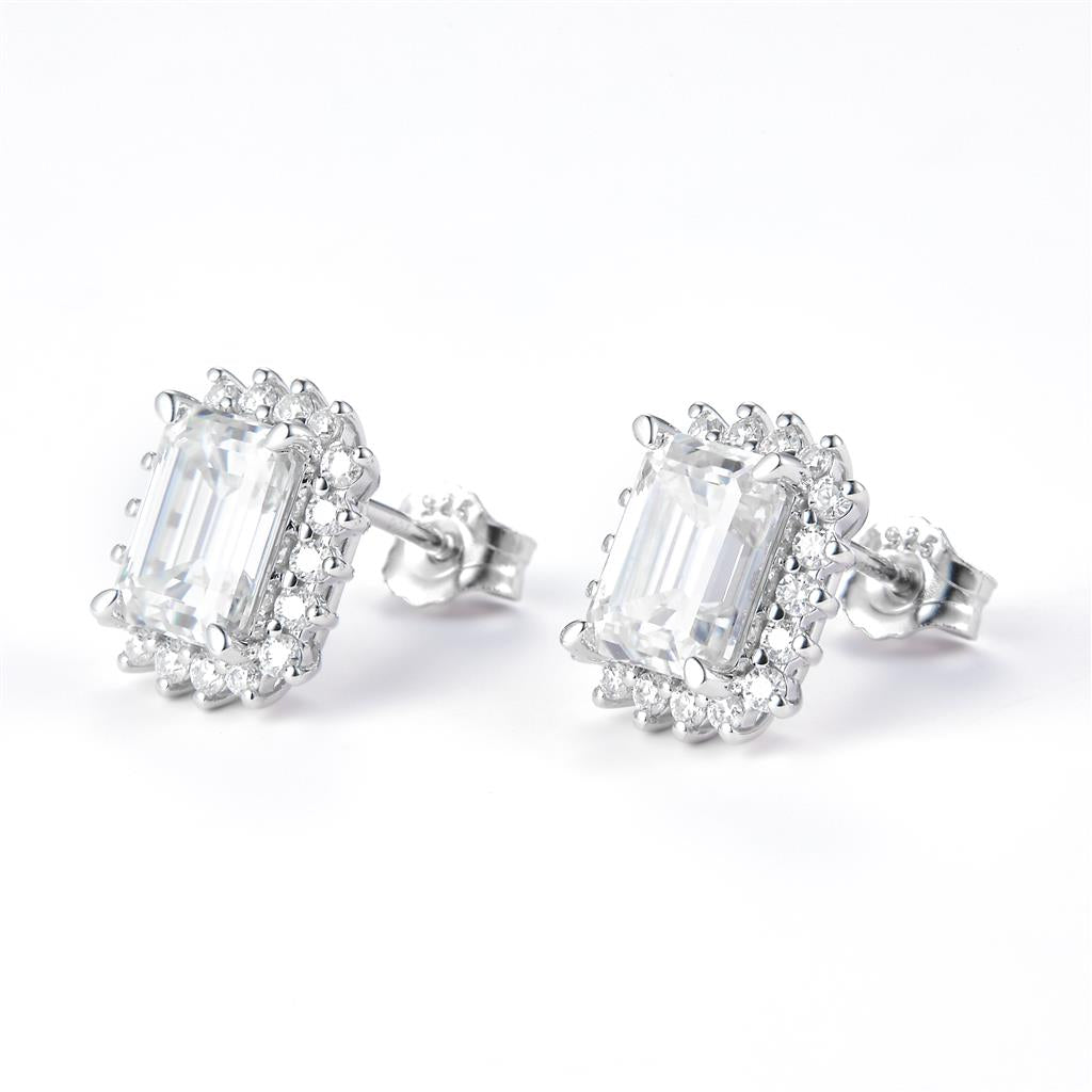 3.68 Ct. Moissanite Sterling Silver (White). Halo Style Solitaire Stud with Emerald Cut Center Stone Earrings. (Women).