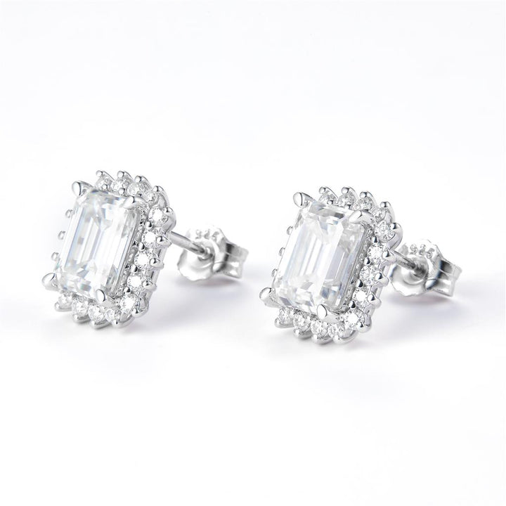 3.68 Ct. Moissanite Sterling Silver (White). Halo Style Solitaire Stud with Emerald Cut Center Stone Earrings. (Women).