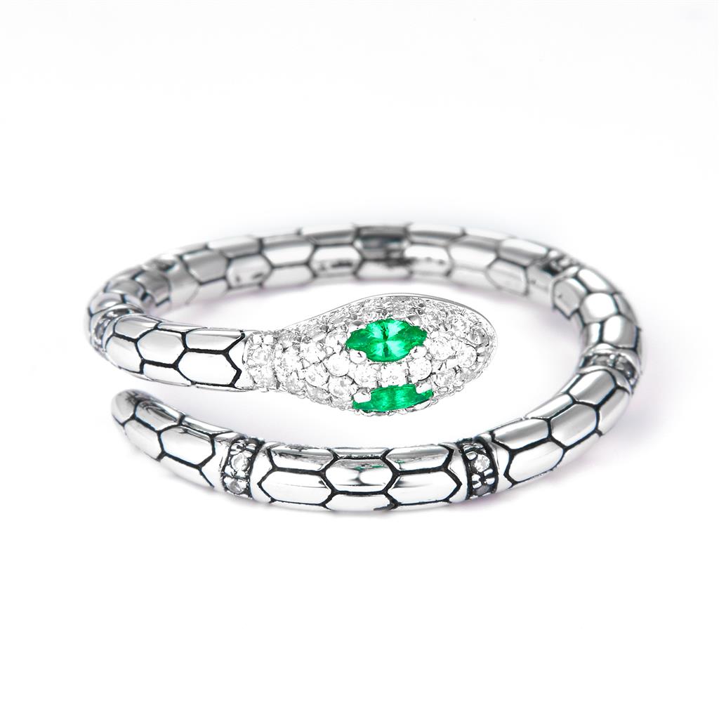 0.23 Ct. Moissanite Sterling Silver (White). Snake with Simulant Emerald Ring. (Unisex). Size 7.5