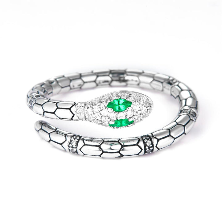 0.23 Ct. Moissanite Sterling Silver (White). Snake with Simulant Emerald Ring. (Unisex). Size 7.5