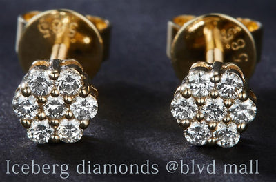 0.217 Ct. Diamond 14 Kt Gold (Yellow). Flower Style Studs Earrings. (Unisex).