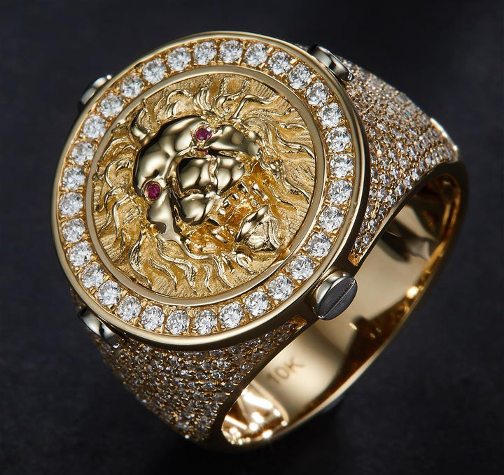 1.266 Ct. Diamond 10 Kt Gold (Yellow). Lion Face with Ruby Eyes Ring. (Men). Size 10