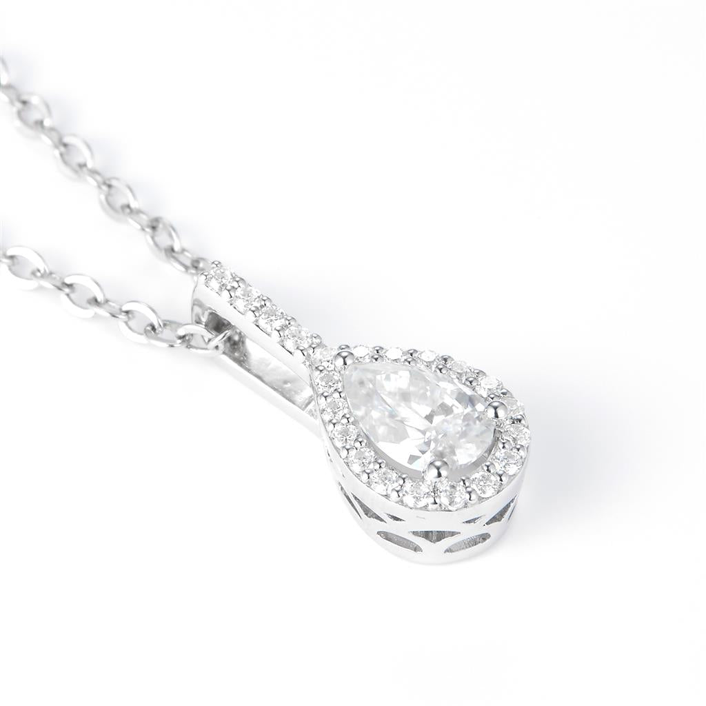 0.451 Ct. Moissanite Sterling Silver (White). Halo Style Solitaire Pear Cut Stone Charm Pendant. (Women).