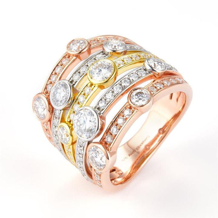 2.68 Ct. Moissanite Sterling Silver (Yellow and White). Multi-Row Ring. (Women). Size 8