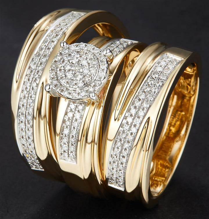 0.423 Ct. Diamond 10 Kt Gold (Yellow). Trio Set (Mens Band Size 10, Women Engag & Band) Wedding Set. Size 7.5