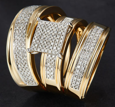 0.582 Ct. Diamond 10 Kt Gold (Yellow). Trio Set (Mens Band Size 10, Women Engag & Band) Wedding Set. Size 7.5