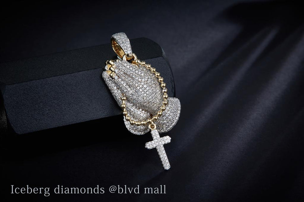 Yellow gold diamond praying hand with rosary & cross pendant