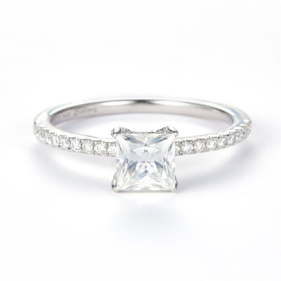 0.834 Ct. Moissanite Sterling Silver (White). Solitaire Princess Cut Engagement Ring. (Women). Size 8