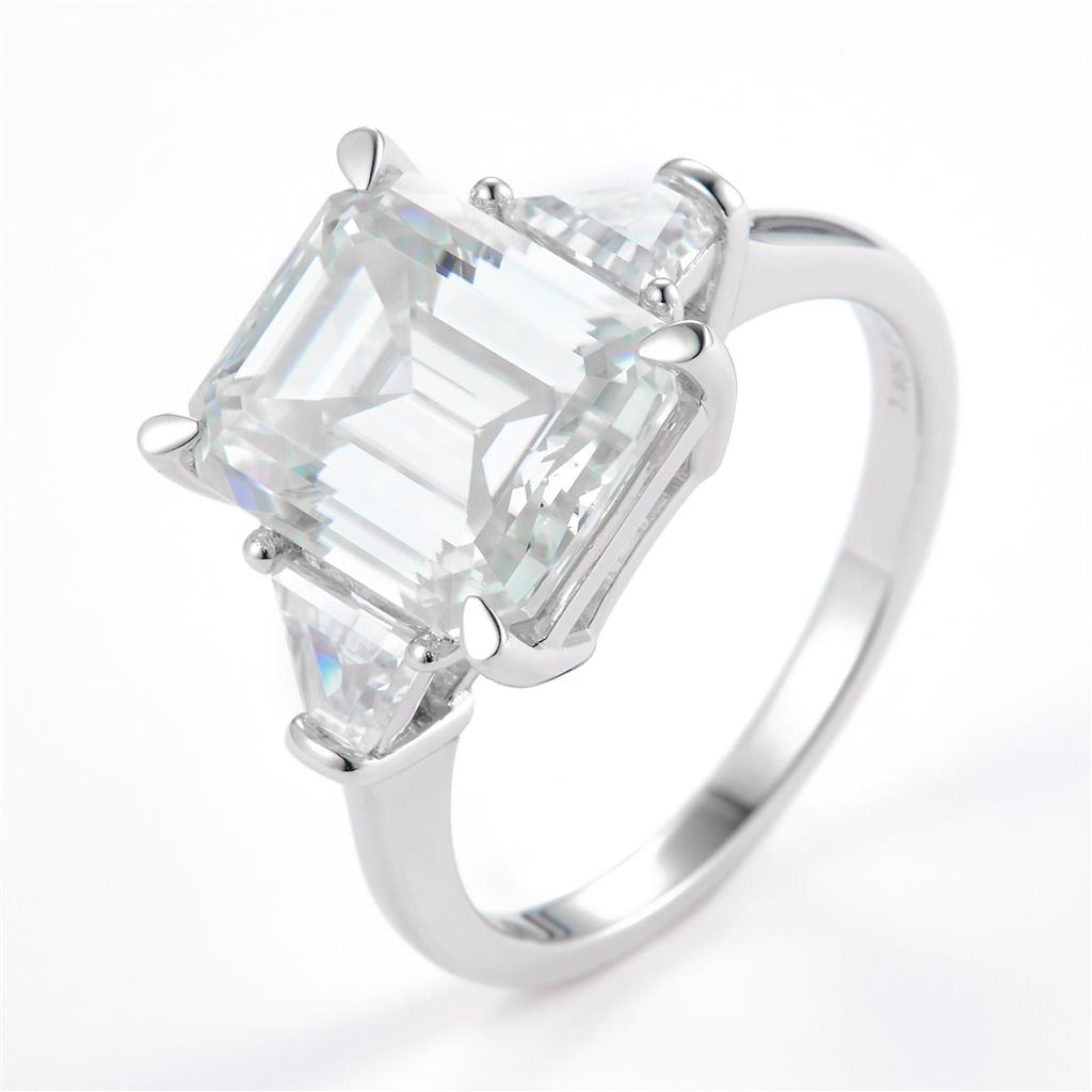5.855 Ct. Moissanite Sterling Silver (White). Solitaire with Emerald Cut Center Stone Ring. (Women). Size 7.5