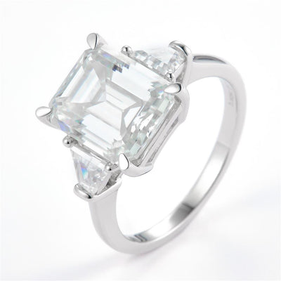 5.855 Ct. Moissanite Sterling Silver (White). Solitaire with Emerald Cut Center Stone Ring. (Women). Size 7.5