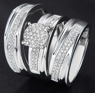 0.44 Ct. Diamond 10 Kt Gold (White). Trio Set (Mens Band Size 10, Women Engag & Band) Wedding Set. Size 7.5