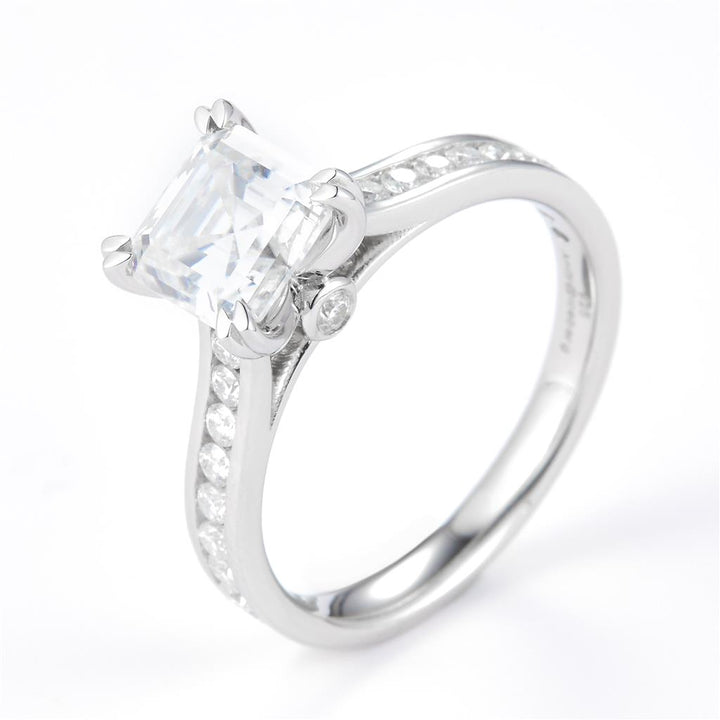 2.27 Ct. Moissanite Sterling Silver (White). Solitaire with Emerald Cut Center Stone Ring. (Women). Size 7.5