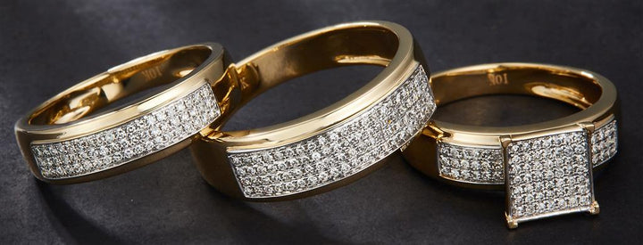 0.662 Ct. Diamond 10 Kt Gold (Yellow). Trio Set (Mens Band Size 10, Women Engag & Band) Wedding Set. Size 7.5