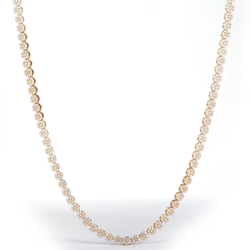 13.09 Ct. Diamond 10 Kt Gold (Yellow). Tennis Necklace Flower Style Chain. (Unisex). 22 in Long. 5 mm Wide