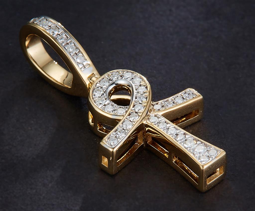 0.113 Ct. Diamond 14 Kt Gold (Yellow). Ankh Cross Pendant. (Unisex).