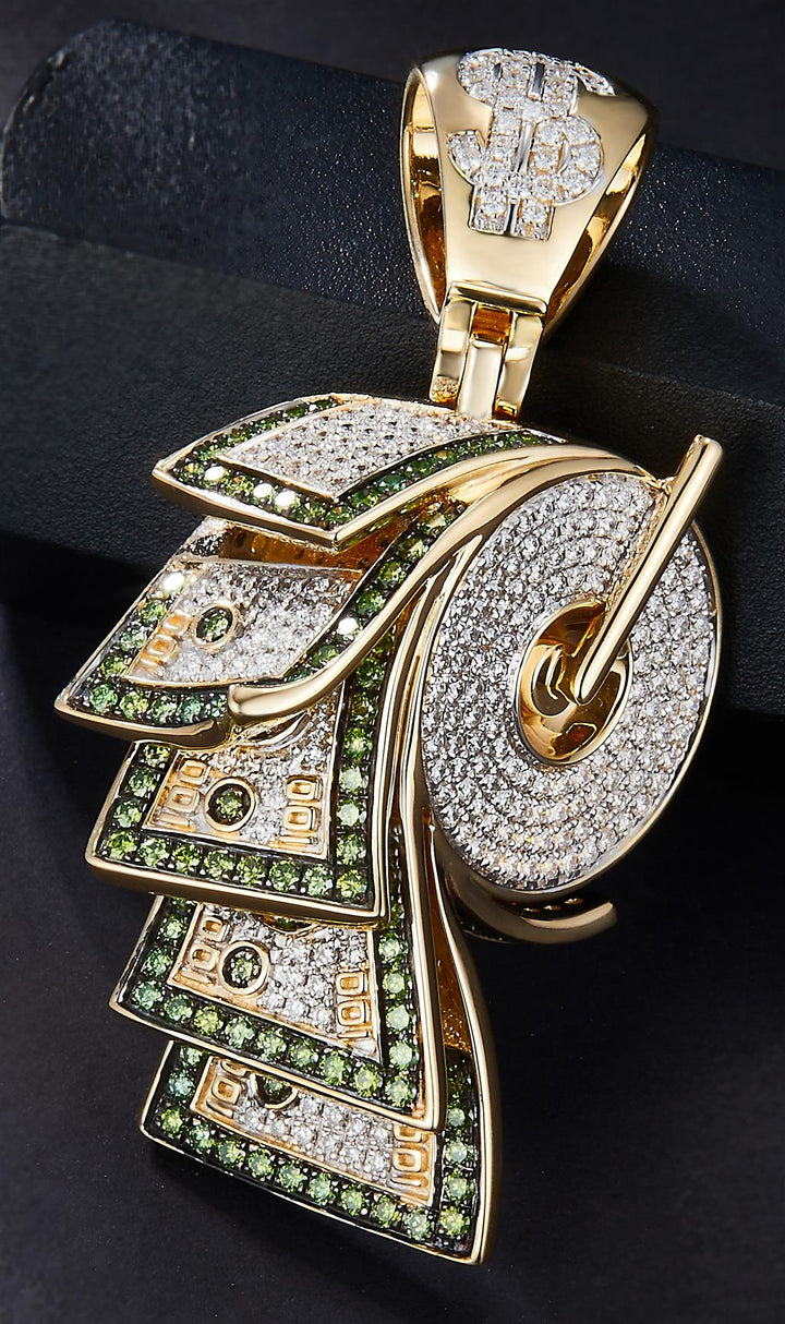 3.95 Ct. Diamond 10 Kt Gold (Yellow). Money Roll with Green Diamonds Pendant. (Men).