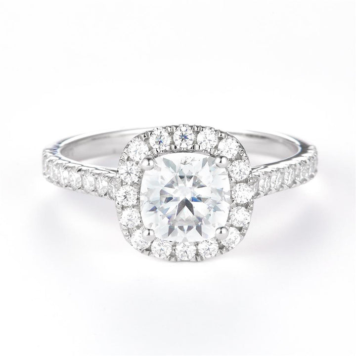 1.819 Ct. Moissanite Sterling Silver (White). Halo Style Solitaire with Cushion Cut Center Stone Ring. (Women). Size 7.5