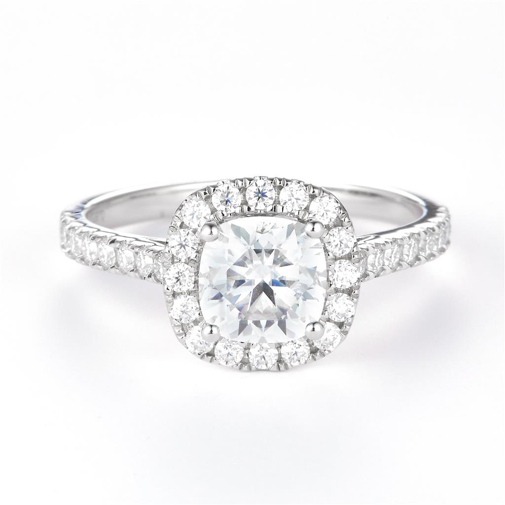 1.819 Ct. Moissanite Sterling Silver (White). Halo Style Solitaire with Cushion Cut Center Stone Ring. (Women). Size 7.5