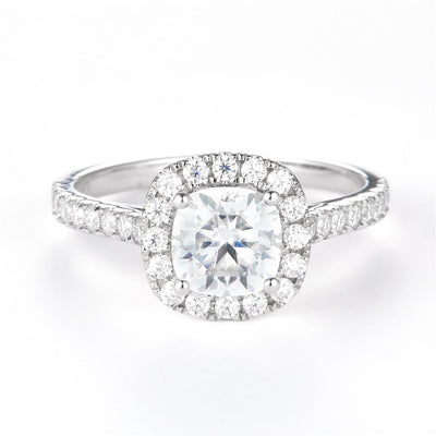 1.819 Ct. Moissanite Sterling Silver (White). Halo Style Solitaire with Cushion Cut Center Stone Ring. (Women). Size 7.5