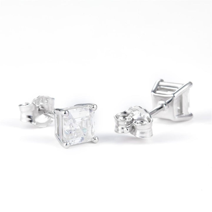 1.23 Ct. Moissanite Sterling Silver (White). Solitaire Stud with Asscher Cut Center Stone Earrings. (Women).