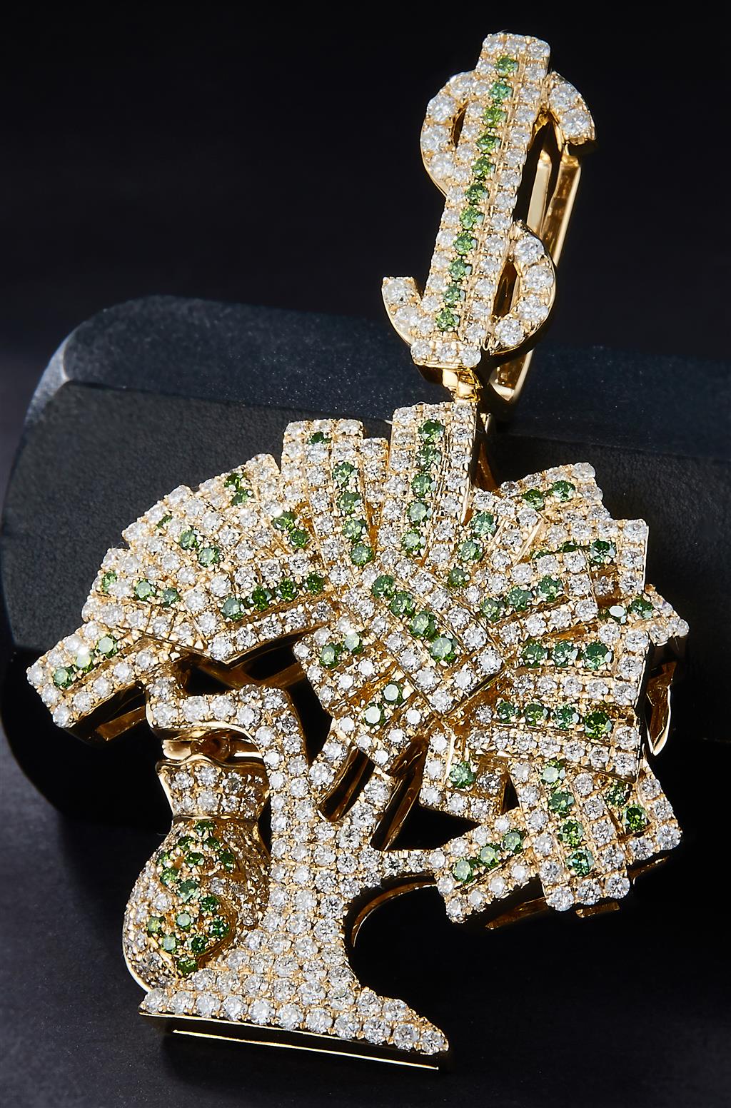 4.08 Ct. Diamond 10 Kt Gold (Yellow). Big Money Tree with Green Diamonds Pendant. (Men).