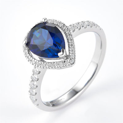 2.37 Ct. Moissanite Sterling Silver (White). Pear shaped Simulant Blue Sapphire Ring. (Women). Size 8