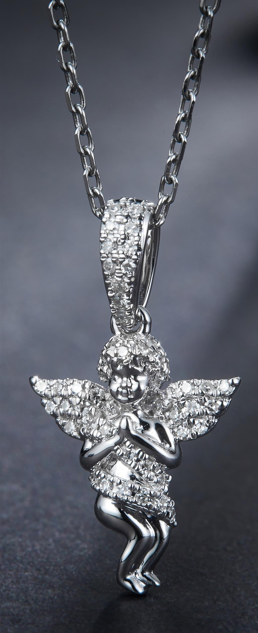 0.14 Ct. Diamond 14 Kt Gold (White). Angel Pendant. (Unisex).