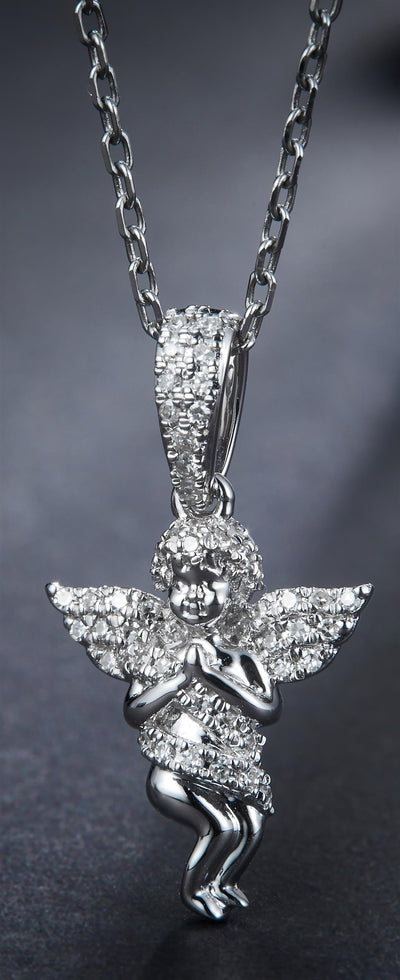 0.14 Ct. Diamond 14 Kt Gold (White). Angel Pendant. (Unisex).