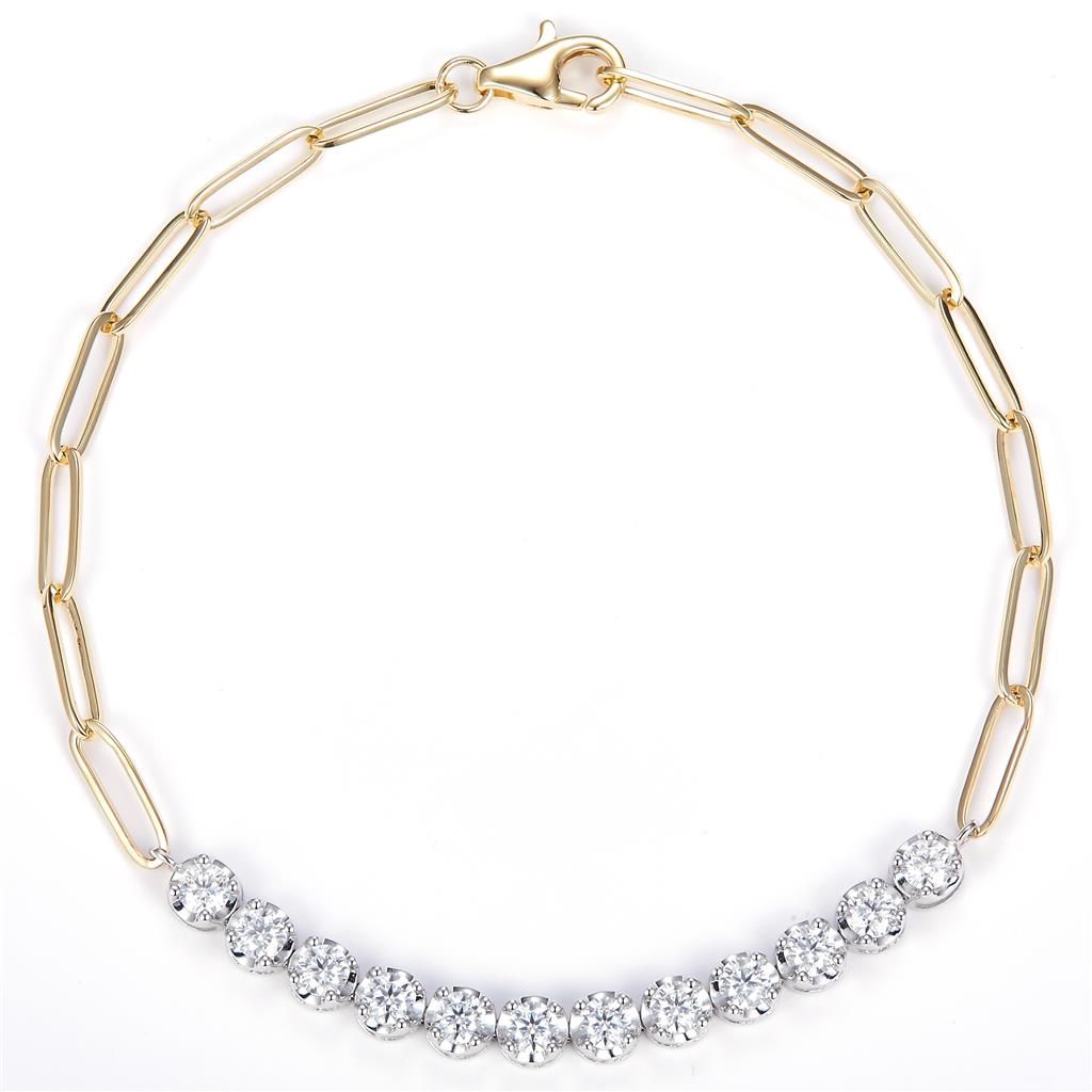 1.16 Ct. Moissanite 14 Kt Gold (Yellow and White). Paper Clip Link-Tennis Bracelet. (Women). 7 in Long. 3.6 mm Wide
