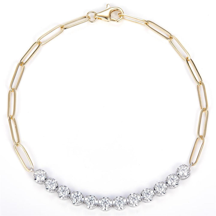 1.16 Ct. Moissanite 14 Kt Gold (Yellow and White). Paper Clip Link-Tennis Bracelet. (Women). 7 in Long. 3.6 mm Wide