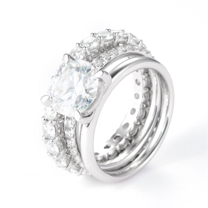 6.097 Ct. Moissanite Sterling Silver (White). Wedding Trio Set Ring. (Women). Size 7.5