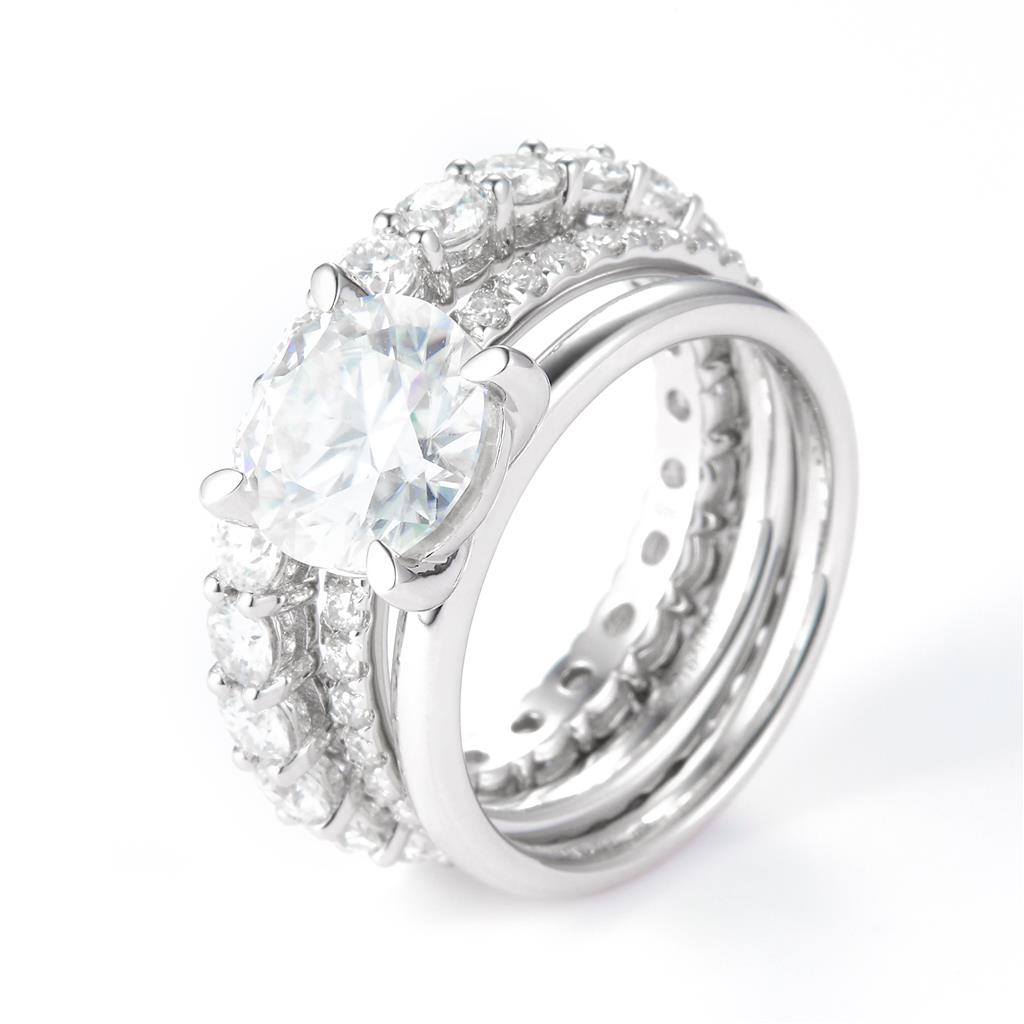 6.097 Ct. Moissanite Sterling Silver (White). Wedding Trio Set Ring. (Women). Size 7.5