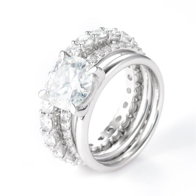 6.097 Ct. Moissanite Sterling Silver (White). Wedding Trio Set Ring. (Women). Size 7.5