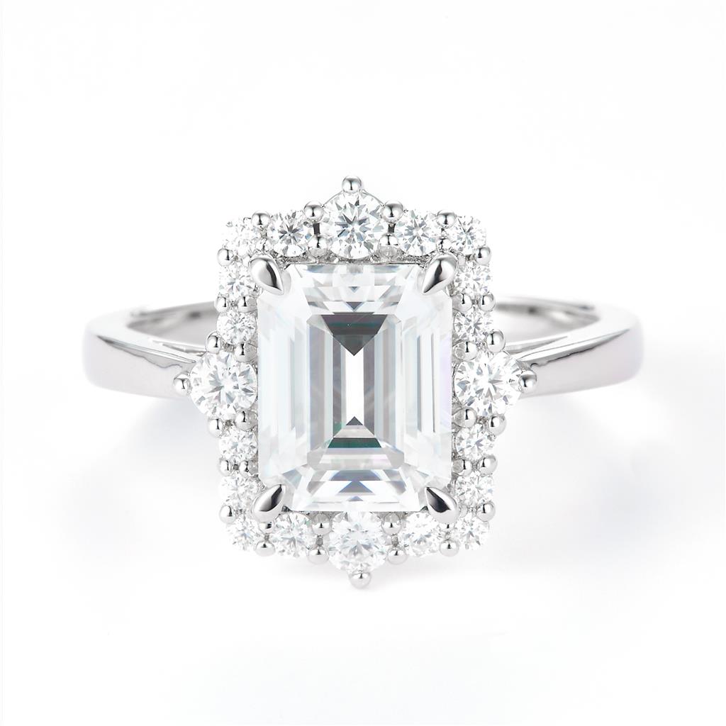 2.856 Ct. Moissanite Sterling Silver (White). Solitaire Halo Style with Emerald Cut Center Stone Ring. (Women). Size 7.5