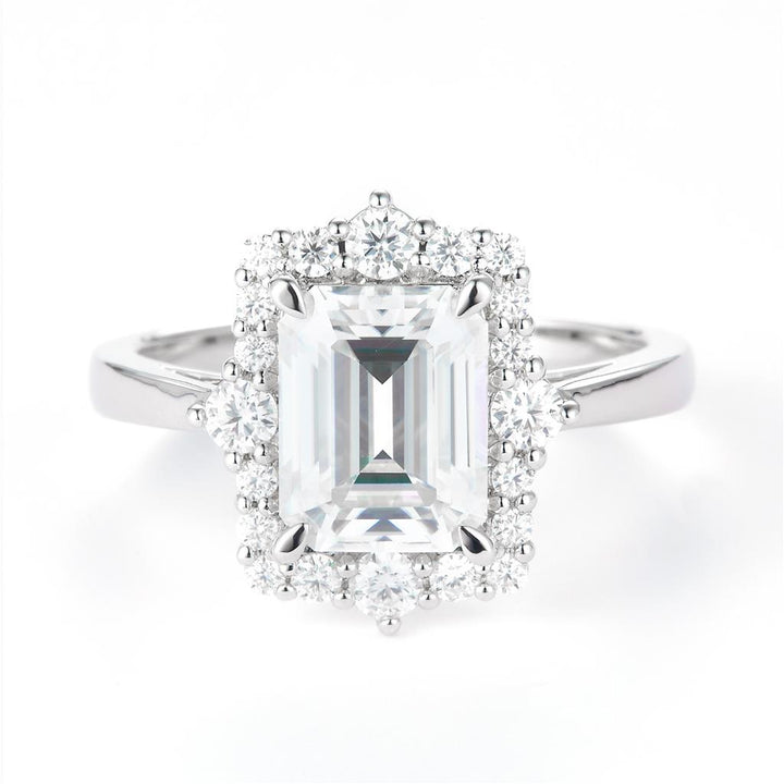 2.856 Ct. Moissanite Sterling Silver (White). Solitaire Halo Style with Emerald Cut Center Stone Ring. (Women). Size 7.5