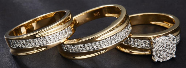 0.423 Ct. Diamond 10 Kt Gold (Yellow). Trio Set (Mens Band Size 10, Women Engag & Band) Wedding Set. Size 7.5