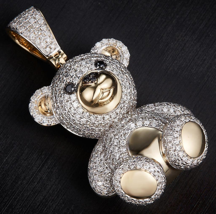 1.62 Ct. Diamond 10 Kt Gold (Yellow). Teddy Bear with Black Diamond Eyes & Nose Pendant. (Unisex).
