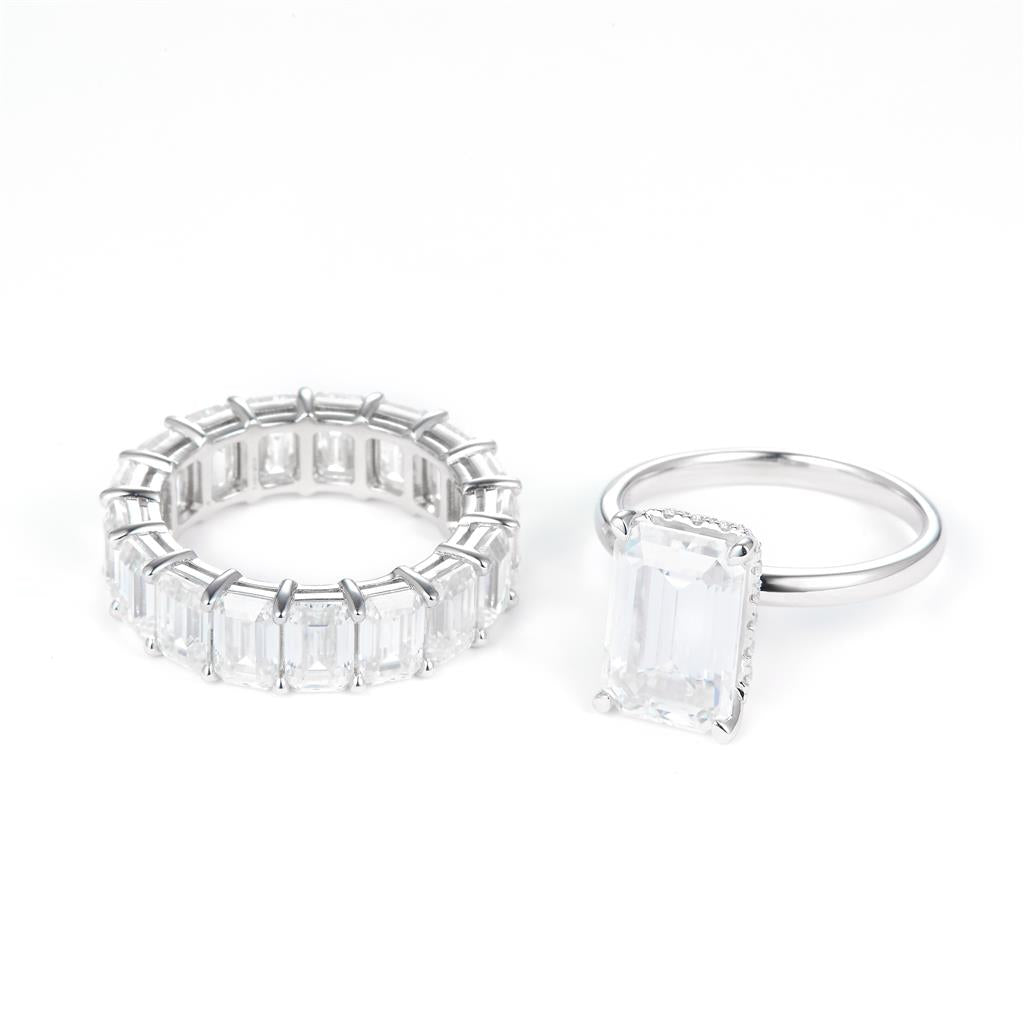 14.345 Ct. Moissanite Sterling Silver (White). Emeral Cut Stones Wedding Set Ring. (Women). Size 7.5