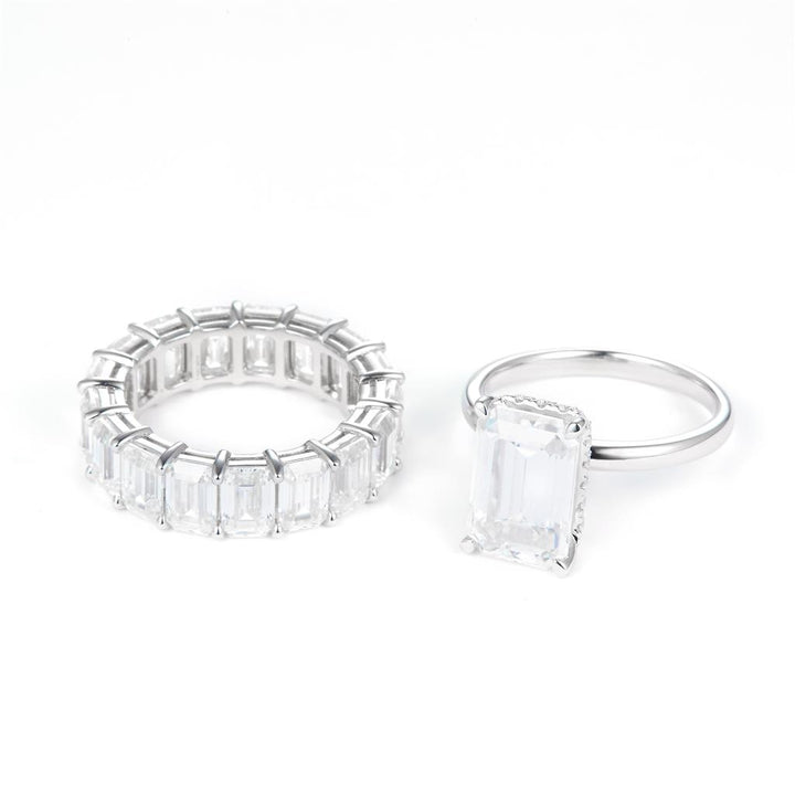 14.345 Ct. Moissanite Sterling Silver (White). Emeral Cut Stones Wedding Set Ring. (Women). Size 7.5