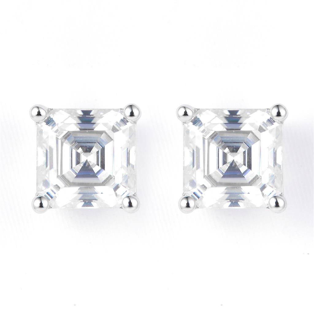 1.23 Ct. Moissanite Sterling Silver (White). Solitaire Stud with Asscher Cut Center Stone Earrings. (Women).