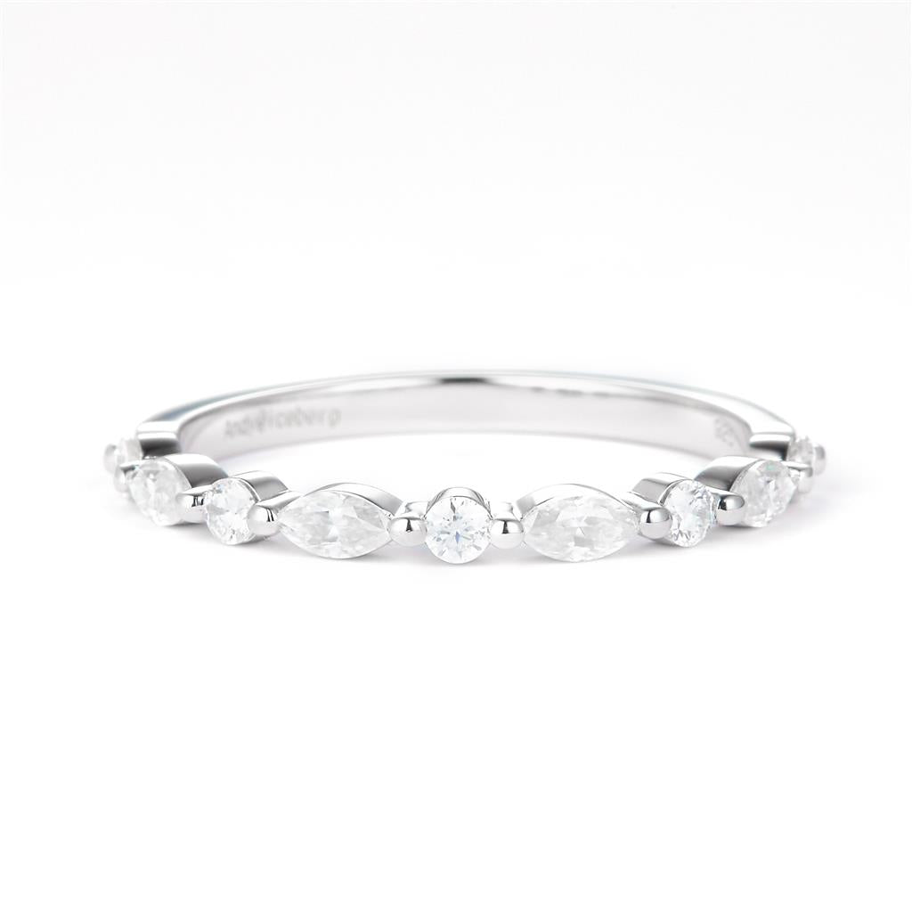 0.445 Ct. Moissanite Sterling Silver (White). Wedding Band with Marquise & Round Stones Ring. (Women). Size 7.5