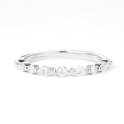 0.445 Ct. Moissanite Sterling Silver (White). Wedding Band with Marquise & Round Stones Ring. (Women). Size 7.5