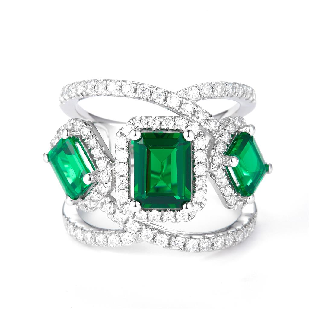 3.11 Ct. Moissanite Sterling Silver (White). Designer Ring with Simulant Emeralds Ring. (Women). Size 7.5