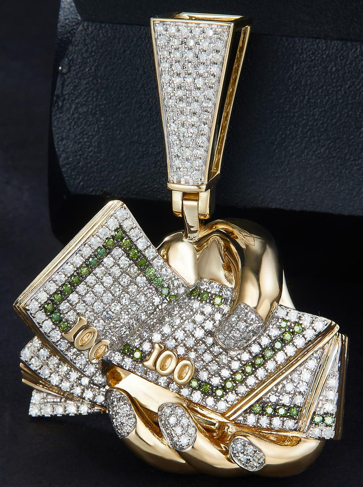 1.004 Ct. Diamond 10 Kt Gold (Yellow). Money in Hand with Green Diamonds Pendant. (Men).