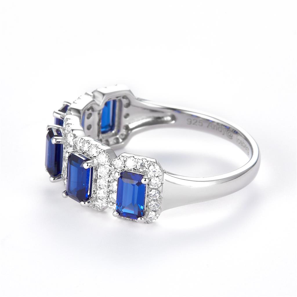 2.27 Ct. Moissanite Sterling Silver (White). Wedding Band with Emerald Cut Simulant Blue Sapphire Stones Ring. (Women). Size 7.5