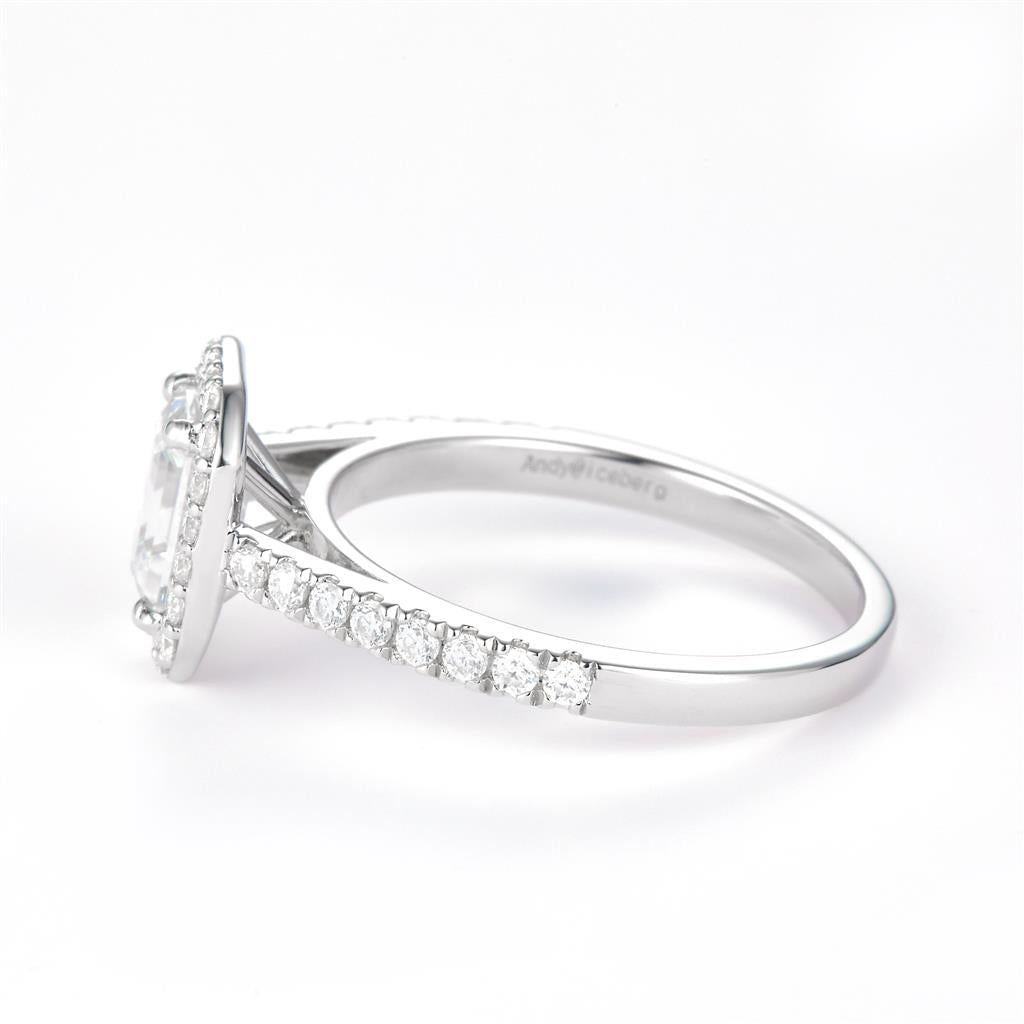 1.35 Ct. Moissanite Sterling Silver (White). Halo Design Solitaire with Emerald Cut Center Stone Ring. (Women). Size 7.5