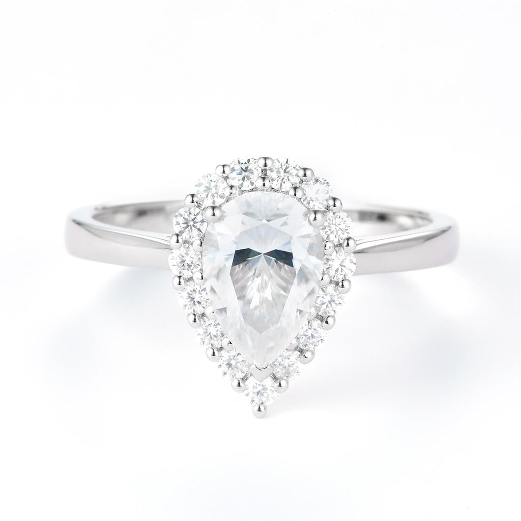 1.7 Ct. Moissanite Sterling Silver (White). Halo Design Solitaire with Pear Cut Center Stone Ring. (Women). Size 7.5