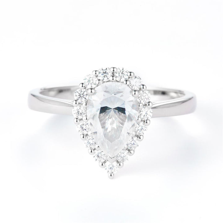 1.7 Ct. Moissanite Sterling Silver (White). Halo Design Solitaire with Pear Cut Center Stone Ring. (Women). Size 7.5